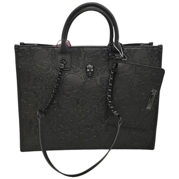 Betsey Johnson "skulltatstic"  black skull 2 PC large tote with wristlet XOKIARA - Picture 4 of 10